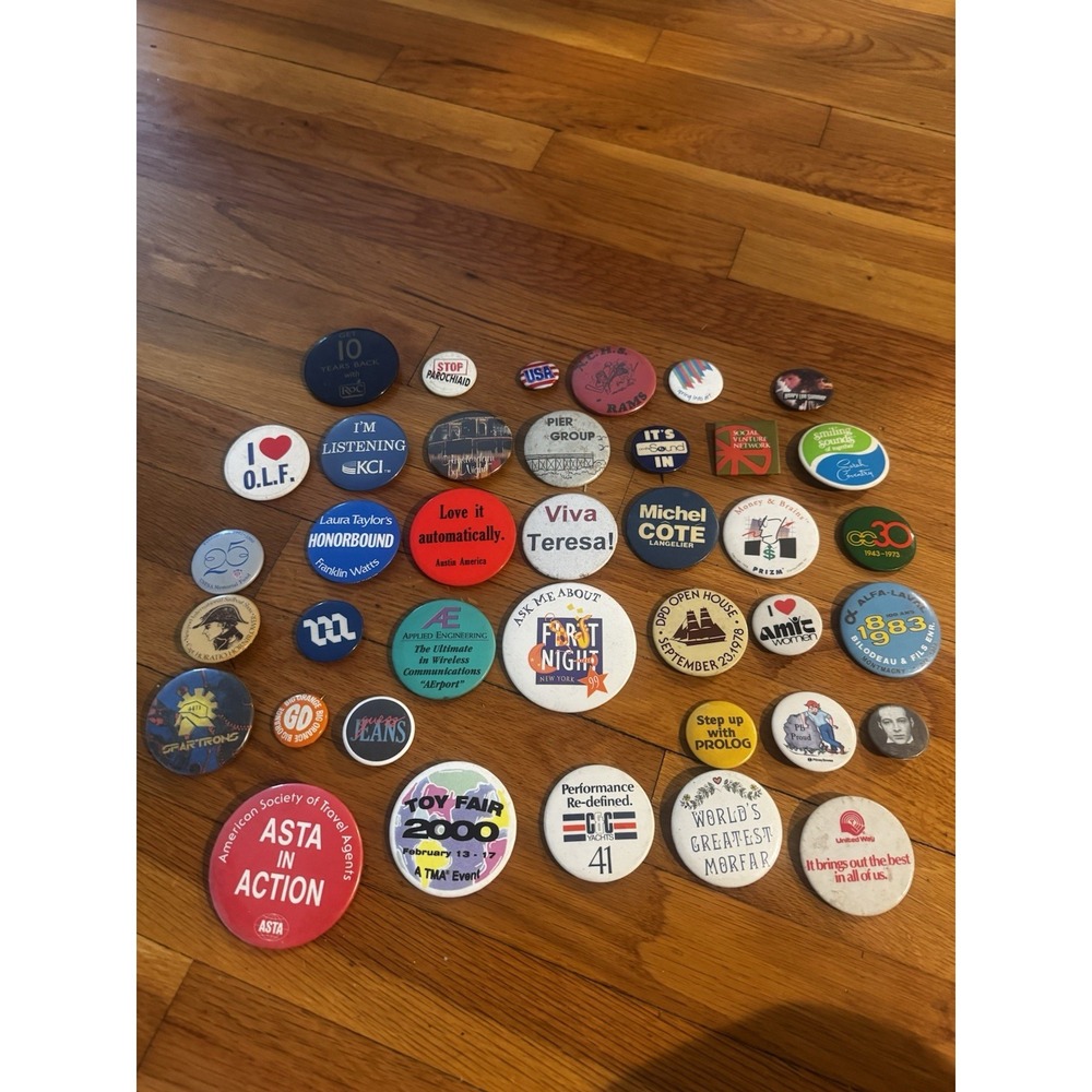 Vintage Random Lot Of Pinback‎ Pins Buttons Assorted Small Large 38 Pins #1